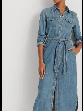 Ralph Lauren black label western  Denim Shirt Dress with Tie Waist